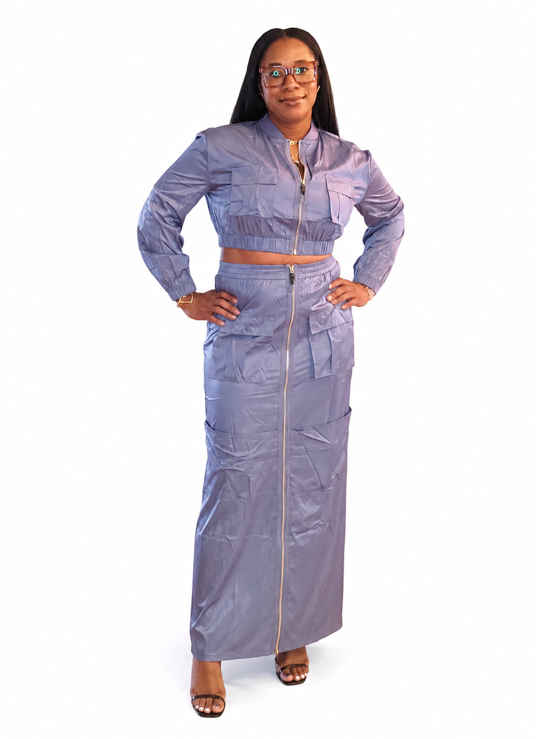 Metallic Lavender Cargo Skirt Set