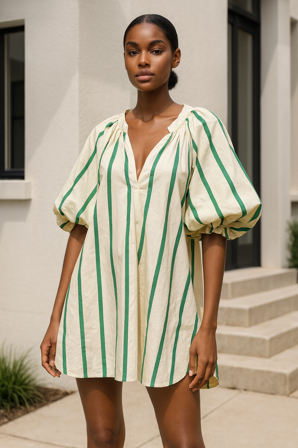 Green Stripe Puff Sleeve Dress