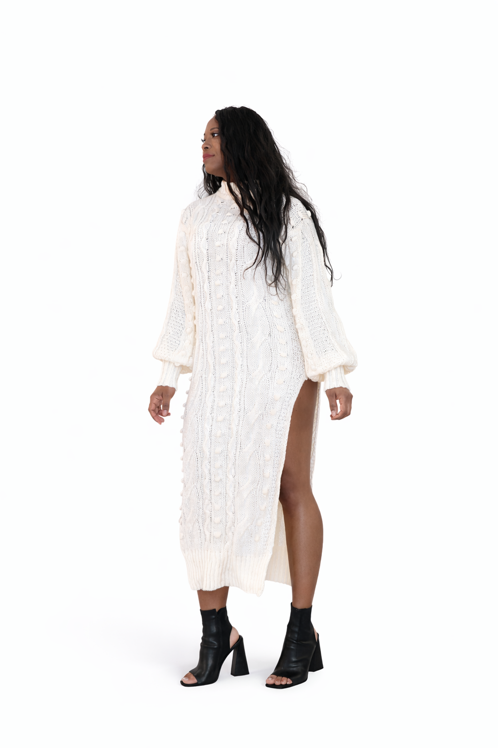 Ivory Cable-Knit Side Slit Sweater Dress