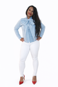 Denim Bow Detail Button-Down Top