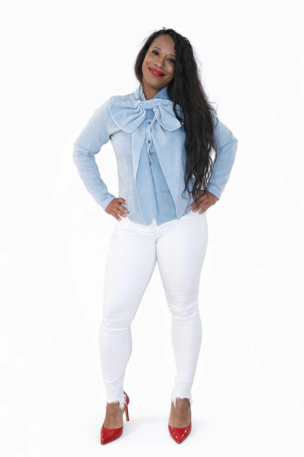 Denim Bow Detail Button-Down Top