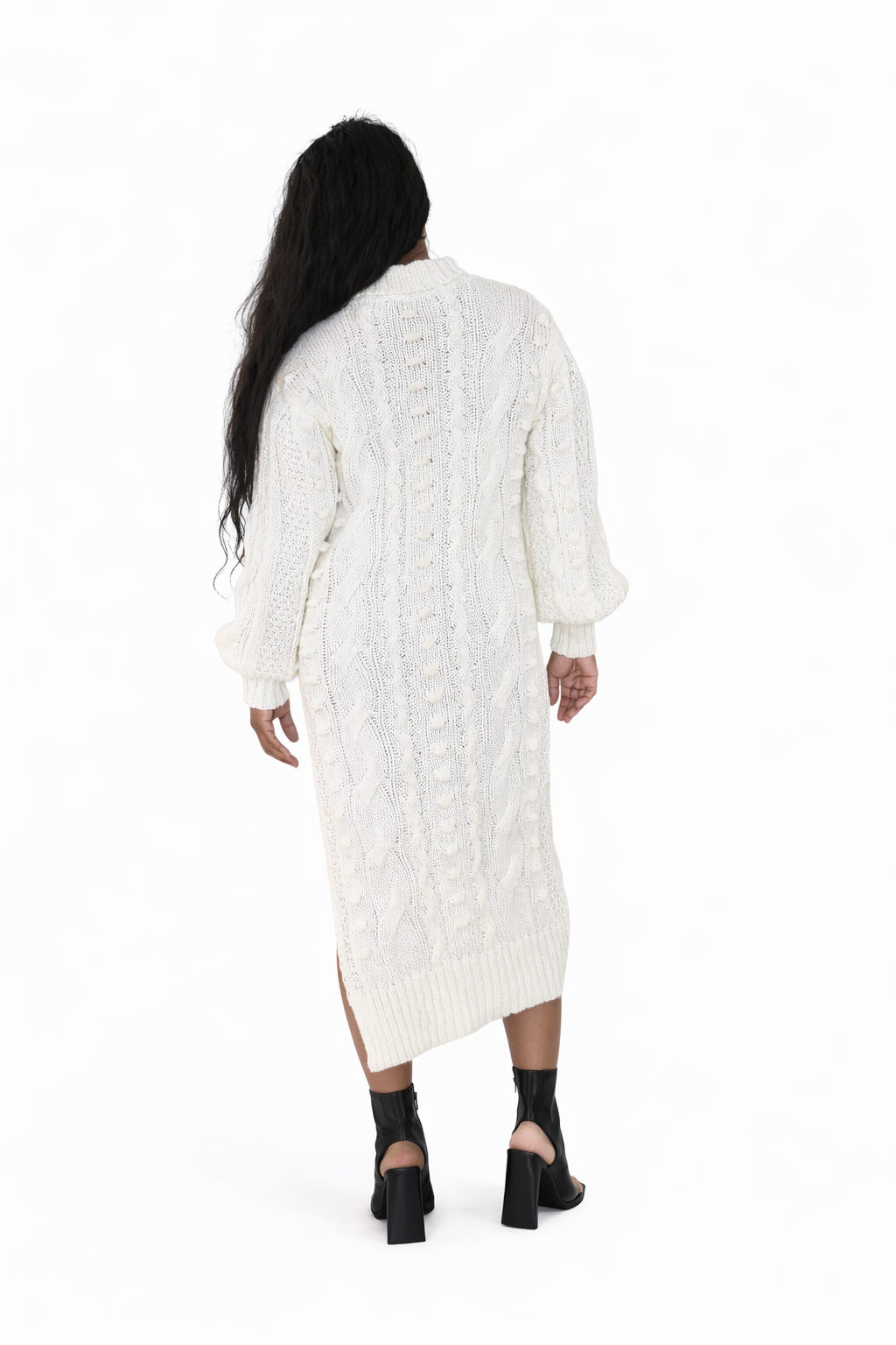 Ivory Cable-Knit Side Slit Sweater Dress